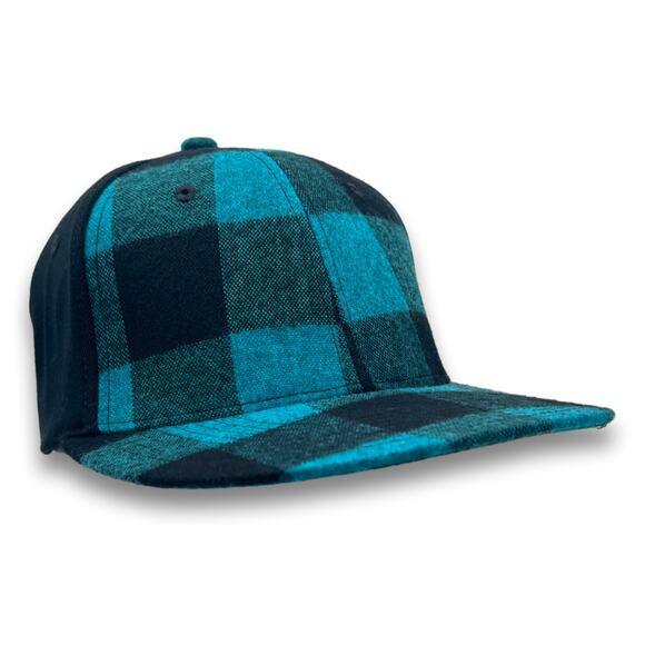 Plaid Teal Baseball Cap Flat Bill One Size Flex Fitting Spandex Lumberjack Hat - Picture 8 of 9